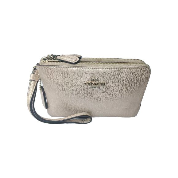 COACH Double Corner Zip Wristlet In Pebble Leather~Light Gold/platinum MSRP $85 - Picture 4 of 10